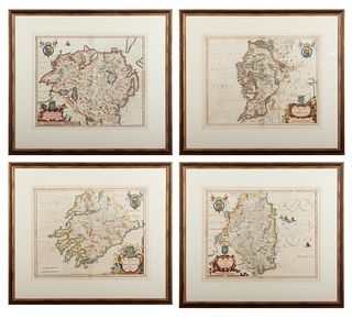 Hand Colored Maps of Ireland from Blaeu's Atlas Maior, H 16" W 20" 4 pcs