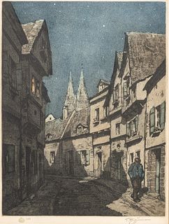 Tavik F. Simon (Czech, 1877-1942) Color Etching 1922, "Nocturne in Quimper, Brittany", H 13.5" W 10.5"