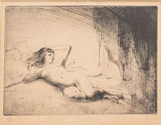 August Bouret , 1872-41 Etching And Drypoint on Paper "Reclining Nude", H 5.2" W 7.5"
