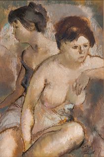 European Pastel on Paper Mounted to Board, Ca. 1930-40, "Female Nudes", H 24" W 16"