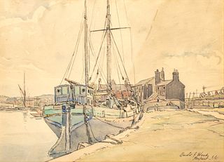 Harold J. Woods (British, 1918-2014) Watercolor on Paper "Newport I.W.", H 10" W 14"