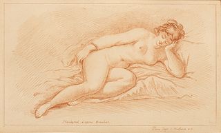 After Francois Boucher (French, 1703-1770) Engraving "Femme Nue Couchee", W 5.25" L 8.75"