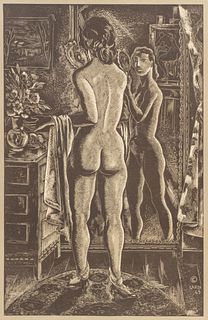 Emil Ganso (German, 1895-1941) Wood Engraving 1936, "Studio Mirror", H 14.25" W 9.25"