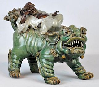 Chinese Ceramic Figurine Of Man & Guardian Fu Dog