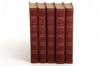 "Aesops's Fables" & "Select Fables of Esop" Books, Ca. 19th C., H 8.25" W 1.25" Depth 5.5" 5 pcs