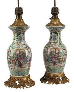 (2) CHINESE FAMILLE ROSE PORCELAIN VASE TABLE LAMPS