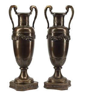 (2) NEOCLASSICAL STYLE PATINATED METAL URNS, 30.5"H
