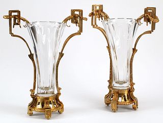 (2) LARGE OMOLU-MOUNTED GLASS VASES, 21"H