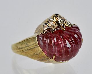 14kt Gold, Diamond & Carved Pink Tourmaline Ring