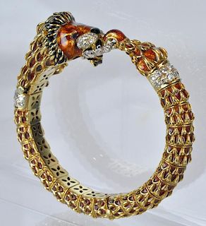 18kt Gold, Diamond & Enameled Lion Bracelet