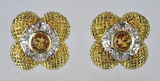14kt Gold, Diamond & Citrine Floral Clip Earrings