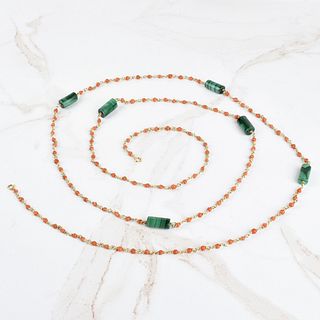 Coral, Malachite and 14K Long Necklace