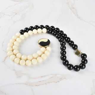 Coral, Onyx and 14K Necklace