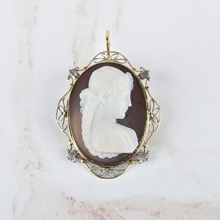 Victorian Agate and 14K Cameo Pendant