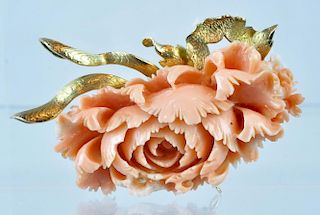 18kt Gold & Pink Carved Coral Chrysanthemum Brooch