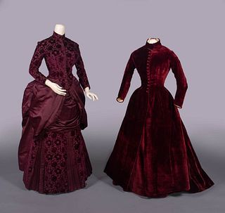 TWO CUT VELVET OR PLUSH AFTERNOON OR DINNER DRESSES, 1880s