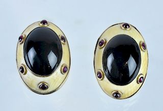 Pr. 14kt Black Onyx, Bone & Ruby Clip Earrings