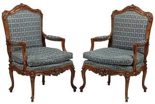(2) LOUIS XV STYLE CARVED & UPHOLSTERED FAUTEUILS