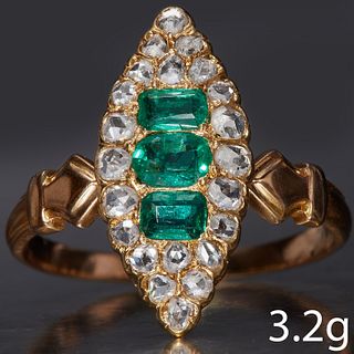 ANTIQUE EMERALD AND DIAMOND MARQUISE SHAPED RING