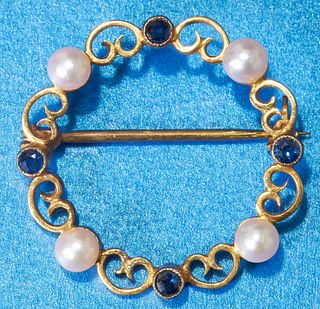 ANTIQUE SAPPHIRE AND PEARL GOLD BROOCH