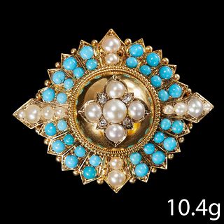 VICTORIAN PEARL AND TURQUOISE BROOCH