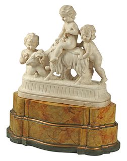 MARBLE SCULPTURE, PUTTI & GOAT, ON BASE, 44"H