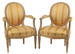 (2) LOUIS XVI STYLE PAINTED & UPHOLSTERED FAUTEUILS