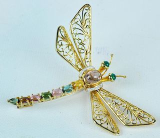 18kt Gold, Diamond & Gem Stone Dragonfly Brooch