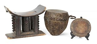 PATRICK SWAYZE AFRICAN DRUM WITH STOOL AND DIVINATION TRAY