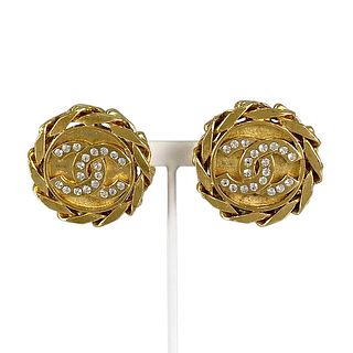 CHANEL RHINESTONE GOLD PLATED ROUND EARRINGS