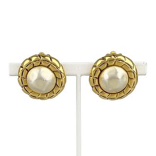 CHANEL FAUX PEARL GOLD PLATED ROUND EARRINGS