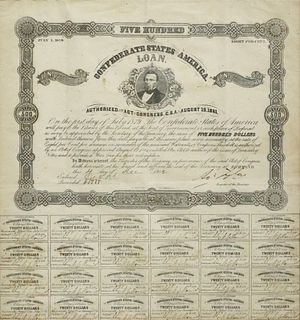 US CONFEDERACY $500 BOND, 1862 ROBERT TYLER SIGNATURE