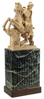 LARGE CARVED TRAVERTINE SCULPTURE, WINGED GODDESS, ON GREEN MARBLE BASE