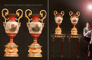 Large Pair Of 19th C. French Hand Painted Porcelain Vases