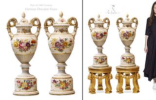 A Pair Of Large 19th C. German Dresden Hand Painted Vases