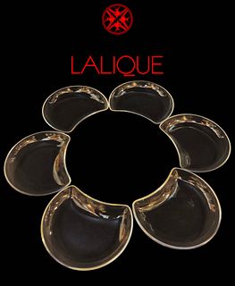 A Set Of Six Lalique Crystal Crescent Fish Bones Plates, Signed