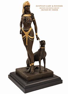 Egyptian Panther Lady, A Large Patinated Bronze Figurine Group, Signed