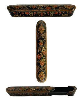 A Persian Floral Hand Painted Lacquer Pen Case Box