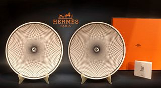 A Pair Of Hermes H Deco Porcelain Dinner Plates, Boxed, COA & Hallmarked
