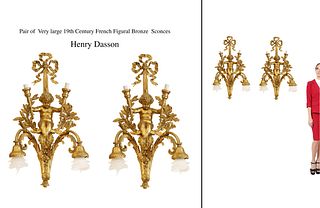 A Pair Of Very Large 19th C. French Henry Dasson Figural Bronze Sconces, Signed