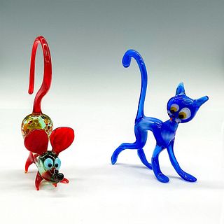 2pc Hand-Blown Art Glass Figurines, Cat + Mouse