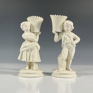 Pair of Belleek Porcelain Candleholders, Boy and Girl Basket