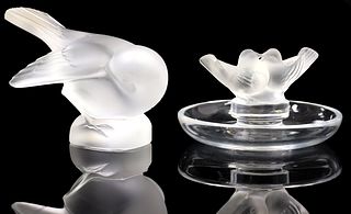 (2) FRENCH LALIQUE FROSTED ART CRYSTAL BIRDS
