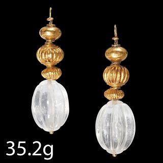PAIR OF UNUSUAL GOLD BALL AND ROCK CRYSTAL DROP EARRINGS