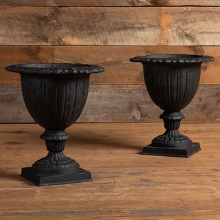 Pair of Black Painted Cast-Iron Garden Urns 