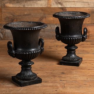 Pair of Black Painted Cast-Iron Campana-Shaped Garden Urns