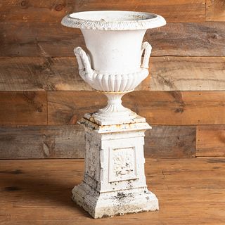 Large White Painted Cast-Iron Garden Urn on Plinth Base, Stamped John McLean, N.Y.