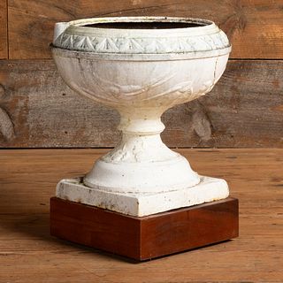 Small Whited Painted Cast-Iron Garden Urn on a Later Plinth Base