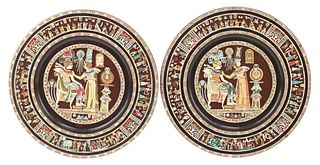(2) LARGE EGYPTIANESQUE POLYCHROME INLAID CHARGERS