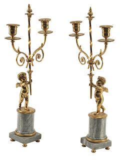 (2) EMPIRE STYLE ORMOLU & MARBLE FIGURAL TWO-LIGHT CANDELABRA